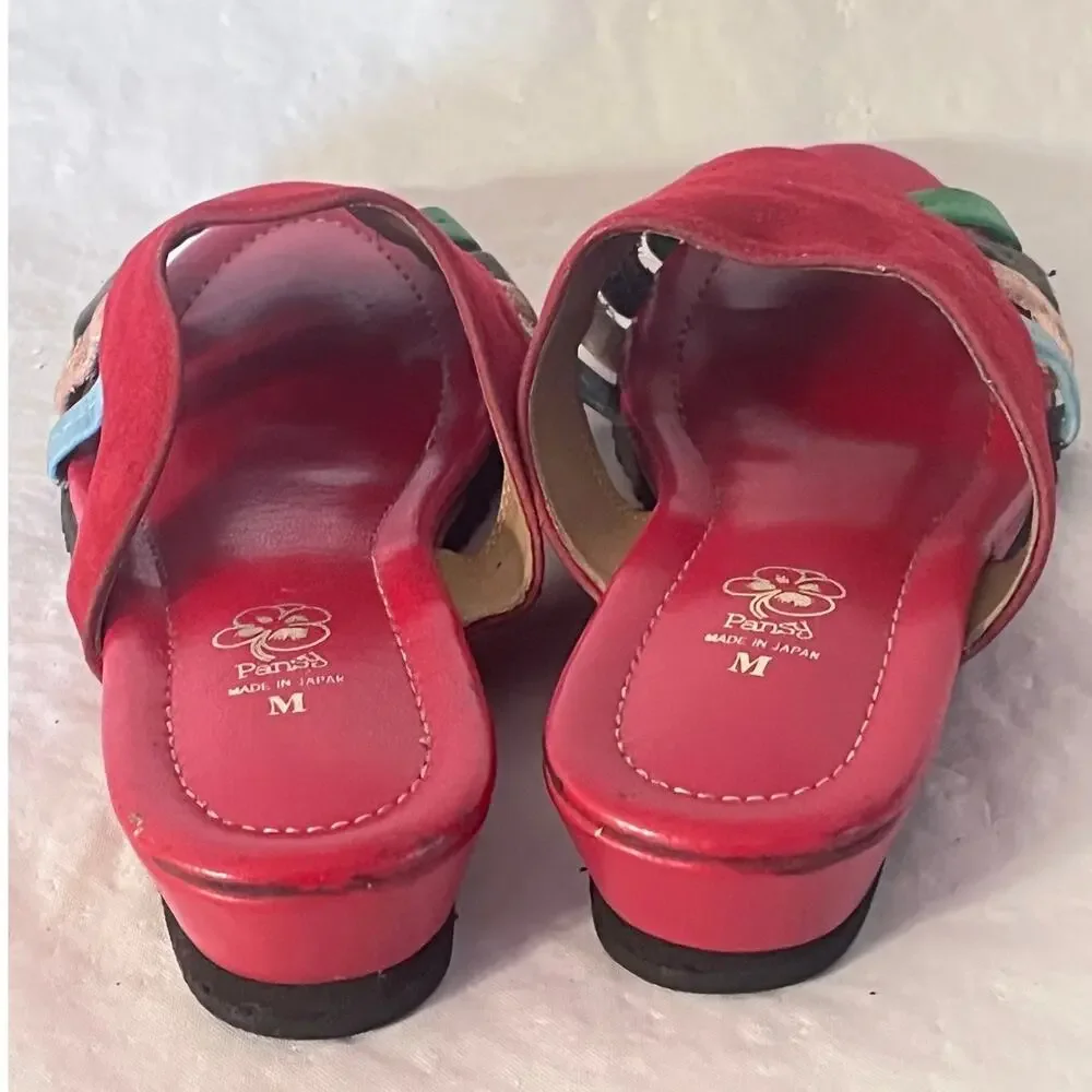 Pansy Red Suede Slides Sandals - Made in Japan - Size: M